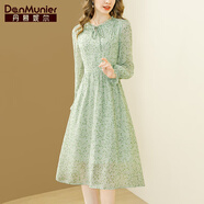 丹慕妮爾法式優(yōu)雅碎花連衣裙2024春季新款女裝氣質(zhì)收腰雪紡中長(cháng)裙 綠色 M