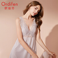 歐迪芬（Ordifen）本命年秋冬女性感深V蕾輕薄無(wú)袖休閑睡裙家居服送女友 風(fēng)悅灰 XL