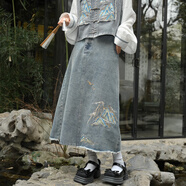 森女部落千里江山牛仔系列 新中式牛仔馬甲改良漢服國(guó)風(fēng)套裝新復(fù)古回潮 藍(lán)色半裙(單件)（單件） S