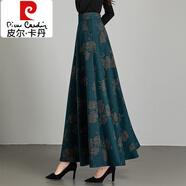 皮爾卡丹（pierre cardin）2025秋冬新款印花半身裙女百搭高腰a字裙中長(cháng)款大擺顯瘦大碼長(cháng)裙 J39墨綠金線(xiàn)花 XL 2.4-2.6尺