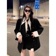 壹號鳳假兩件黑色西裝套裝女2023新款春秋高級感西服高腰半身裙褲兩件套 黑白拼接西裝+裙子[兩件套] 2XL