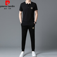 皮爾卡丹（pierre cardin）冰絲短袖男夏季新款休閑運動(dòng)套裝男士翻領(lǐng)短袖T恤兩件套大牌潮t 915黑色【短袖+長(cháng)褲】 165/M