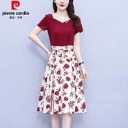 皮爾卡丹（pierre cardin）假兩件雪紡連衣裙女裝2025夏季新款時(shí)尚方領(lǐng)氣質(zhì)收腰印花拼接裙子 紅色 L 【100-120斤】