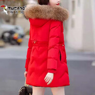 啄木鳥服女冬季2025新款時(shí)尚大毛領(lǐng)寬松中長款白鴨絨外套 紅色帽子可拆卸[沒有毛領(lǐng)] M 80-95斤