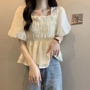 VEOX方領(lǐng)泡泡袖襯衫女夏薄款法式雪紡?fù)尥奚老募酒列∩蓝炭钌弦孪目?杏色 M 建議95-105斤