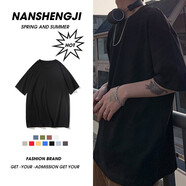 楠笙記短袖t恤男圓領(lǐng)純色打底衫韓版潮流夏季重磅純棉寬松潮牌半袖上衣 黑色 XL