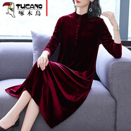 啄木鳥(niǎo) 貴夫人高貴洋氣金絲絨連衣裙2025秋冬新品寬松中年打底裙子 酒紅色 XL【適合: 125-140斤】