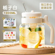 天喜（TIANXI）玻璃水杯大肚杯女高顏值辦公室大容量花茶茶水分離泡茶杯吸管杯子 梔子白+卡通貼+3D立體貼