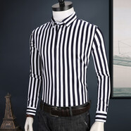 才子依佳豎條紋襯衫男長(cháng)袖修身棉韓版帥氣春季男士時(shí)尚休閑襯衣男裝潮抗皺 藏青條紋5009 40