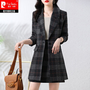 皮爾卡丹毛呢西裝兩件套套裝女連衣裙2026秋冬季新款套裝裙韓版修身感外套 黑灰格 XL