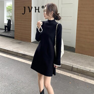 JVH 香港潮牌半高領(lǐng)針織連衣裙女 2024冬季新款內(nèi)搭顯瘦修身打底裙 黑色 XL