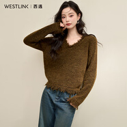 西遇羊毛毛衣女2024秋季新款V領(lǐng)毛邊慵懶風(fēng)馬海毛針織衫上衣 咖色 S