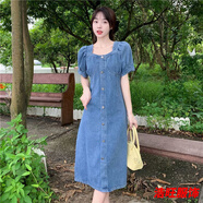 口旋減齡氣質(zhì)假兩件牛仔連衣裙女夏季薄大設(shè)計(jì)感收腰顯瘦背帶短裙 藍(lán)色短/袖中長(zhǎng)/款連衣裙單 XL 建議115-125斤