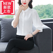 即美森田（BEAUTY BUFFET）【特價(jià)撿漏】高檔重磅緞面襯衫女中袖條紋襯衣夏新款七分袖洋氣桑 白色 2XL 【建議126-135斤