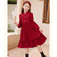 小巧狐2025新款女童安可拉紅色絲絨連衣裙兒童拜年服女孩加絨公主裙子MY 國風公主裙 紅色【加絨】 150