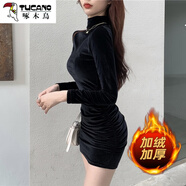 啄木鳥(niǎo)（TUCANO）金絲絨高領(lǐng)連衣裙2025新款女春秋優(yōu)雅性感緊身內搭打底包臀短裙子 黑色加絨 M
