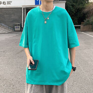 古澤鯊（GUZESHA）新款小圓領(lǐng)港風(fēng)寬松純棉純色短袖打底衫T恤白色體恤半袖多色衣服 翠綠色 XL（145-165斤）