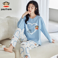 大嘴猴大嘴猴女士純棉睡衣女春秋季長(cháng)袖圓領(lǐng)可外穿全棉帶胸墊家居服套裝