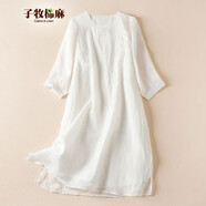 子牧棉麻夏裝 女文藝復(fù)古連衣裙甜美刺繡圓領(lǐng)七分袖寬松舒適裙衫2962 白色 M(建議110斤以內(nèi))