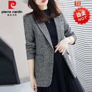 皮爾卡丹（pierre cardin）毛呢小西裝外套女2025春秋新款深灰色中厚亮片人字紋短款羊毛西服 灰色西裝 3XL