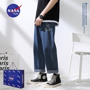 NASA BASE官方潮牌聯(lián)名牛仔褲男女款春季薄款寬松直筒青少年大碼休閑褲子男 628-深藍(lán)（小熊款） 2XL （建議155-170斤）
