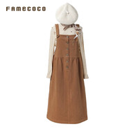 Famecoco范可兒背帶連衣裙棉質(zhì)高腰簡(jiǎn)約風(fēng)刺繡中長(cháng)裙女裝FAB6FE003 駝色 S