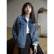 燕潯深色牛仔外套女2022春季新款潮寬松韓版bf百搭牛仔衣休閑長袖上衣 藍色 S (建議95斤以下)