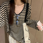 瑜尚臻品美式復古撞色條紋長(cháng)袖T恤女oversize慵懶寬松顯瘦松弛感罩衫上衣 【條紋】L（115-130斤）