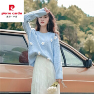 皮爾卡丹羊毛針織衫女小清新立體花朵麻花套頭毛衣2023秋冬新款小個子寬松 天藍色 M 95-105斤