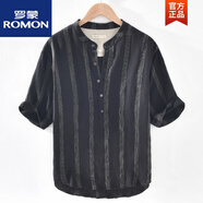 羅蒙（ROMON）亞麻條紋短袖t恤男夏季棉麻休閑百搭立領中國風五分袖夏裝潮T mms1726黑色 M
