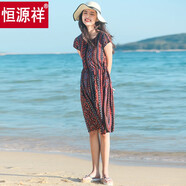 恒源祥高端棉綢連衣裙年輕外穿女夏裝時(shí)尚人造棉碎花泰國海邊度假沙灘裙 西域紋 L