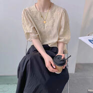 Radinka2025夏新款鏤空泡泡袖雪紡蕾絲衫短袖女寬松顯瘦休閑百搭上衣DLE 洋氣時(shí)尚刺繡杏色款 2XL
