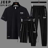 吉普（JEEP）冰絲運(yùn)動(dòng)體恤套裝男士夏季薄款中年老爸大碼速干休閑運(yùn)動(dòng)服三件套 黑色(束腳) -冰絲三件套 L (建議100-120斤)