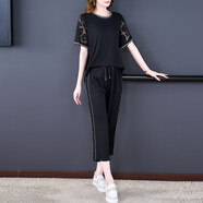 法蘿迪 衛衣女套裝2023夏裝新款女裝女士運動(dòng)裝寬松休閑短袖中年女裝 黑色 M(90-100斤)