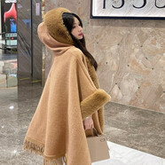 CerrnKutta新款毛毛氣質(zhì)針織披肩大毛領(lǐng)披風(fēng)斗篷外套女秋冬季手套帽子套裝 棕色加絨加厚 均碼【80-150斤可穿】