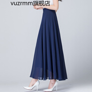 vuzrmm輕奢女裝夏季新品碎花雪紡半身長裙女士高腰A字中年跳舞半身裙子 藏藍(lán)色 L腰圍2.2-2.3尺長度90厘米