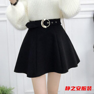 瑪菲萱秋冬新款韓版百搭學(xué)生呢子裙蓬蓬裙半身裙子高腰毛呢短裙女 腰帶裝飾 黑色(單裙) S 160