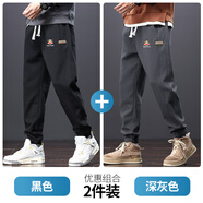 大嘴猴（paul frank）潮牌運動(dòng)長(cháng)褲子休閑褲男秋冬季新款寬松加絨加厚束腳百搭工裝衛褲 深灰色+黑色【秋季兩件裝】 XL 【建議120-140斤】