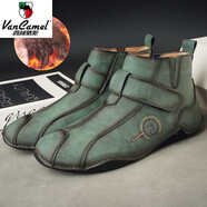 西域駱駝（VANCAMEL）新款 秋冬季男馬丁靴真皮大碼加棉保暖休閑男鞋 軍綠新款高幫(冬季加棉) 側(cè)拉 41