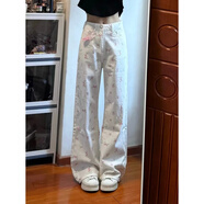 愛麥依白色碎花直筒牛仔褲女2025新款甜美高腰寬松垂感顯瘦闊腿拖地褲子 白色 L 110-130斤