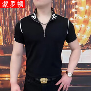 蒙羅頓立領(lǐng)拉鏈t恤男夏季歐貨潮牌帶領(lǐng)半袖體恤男時(shí)尚潮流高端男裝上衣 黑色 XL