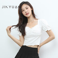 金苑（JINYUAN）短袖T恤女2023夏季新款方領(lǐng)泡泡設(shè)計(jì)感小眾短款上衣F232135 白色 均碼