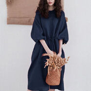 中凡智2023春秋款棉麻女裝歐美復古連衣裙寬松中長(cháng)款收腰顯瘦襯衫裙 藏青色 L