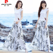 皮爾卡丹夏新款a字女長(cháng)裙雪紡半身裙高腰大擺百搭碎花沙灘度假跳舞大擺裙 水墨竹子【裙長(cháng)90cm】 2XL 140-160斤
