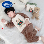迪士尼（Disney）兒童睡衣法蘭絨秋冬款男寶寶冬季卡通家居服小童女童珊瑚絨套裝 咖啡色 100