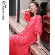 噢姆（AUM）【博主推薦】AUM噢姆春夏新款寬松優(yōu)雅玫紅色法式泡泡袖連衣裙女 玫紅DE L