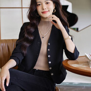 韓依索絲短款小西裝外套女新款小個(gè)子休閑氣質(zhì)今年流行咖色西服女上衣 單件-黑色外套 L