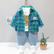 A 21 FUNB嬰兒衣服春季男童長袖卡通襯衫外套三件套一周歲中小童寶寶秋裝潮 綠色 X格子熊三件套 90 75-85cm 1-2歲【90碼】
