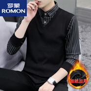 羅蒙（ROMON）2025秋冬季V領(lǐng)毛衣男士假兩件時(shí)尚帶領(lǐng)條紋針織衫搭配馬甲線衣 黑色8168寬條紋假兩件襯 加絨 3XL