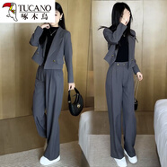 啄木鳥(niǎo)時(shí)尚西裝套裝2024春秋新款女裝歐貨洋氣質(zhì)減齡網(wǎng)紅時(shí)尚休閑兩件裝 灰色 M 【建議斤內】